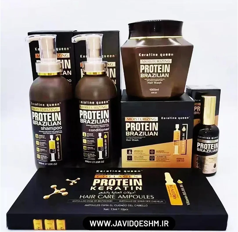 پکیج محصولات مو تقویتی و فری سولفات پروتئین کراتین کوئین برزیل(شامپو،کاندیشنر،ماسک،سرم و آمپول تقویتی(ویال مو)) | Keratin Queen